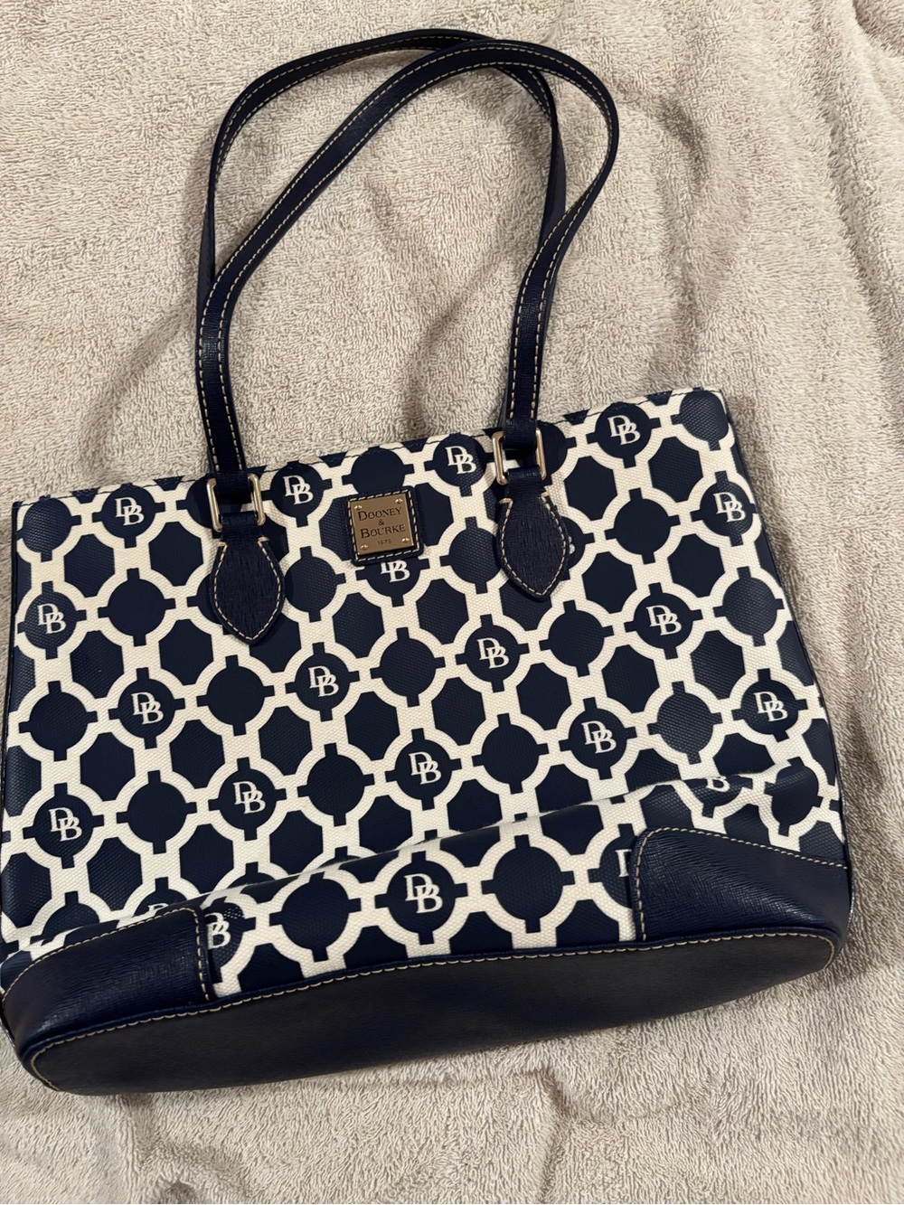 Dooney & Bourke Navy and White Patterned Logo Tote